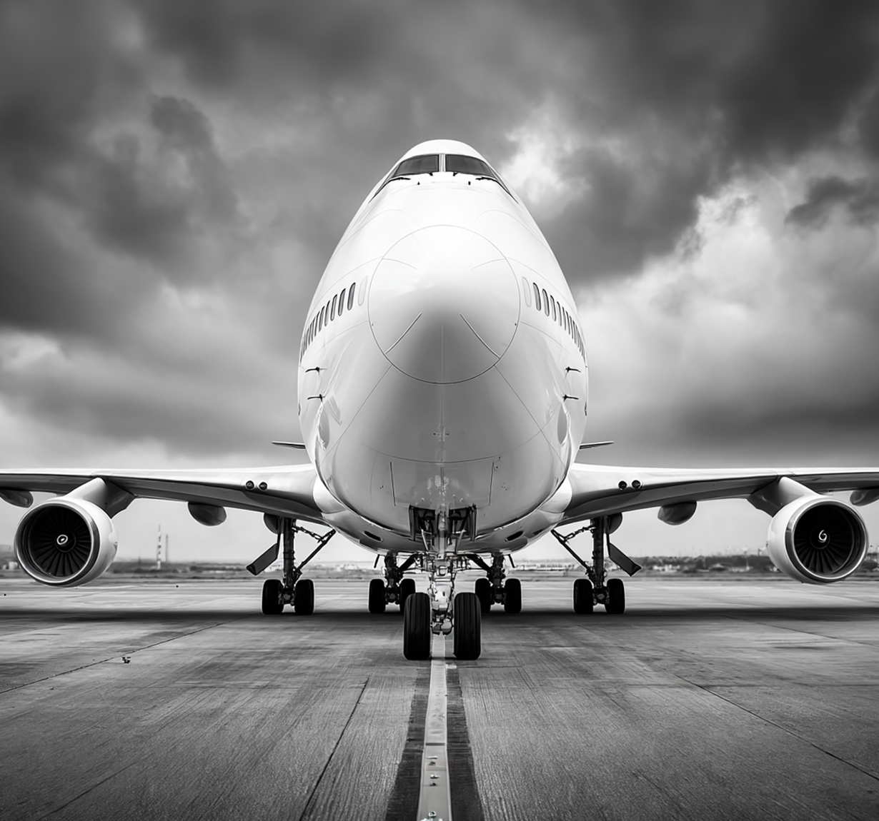Front-on view of a large commercial airplane on a runway, engines visible and cloudy sky in the background.